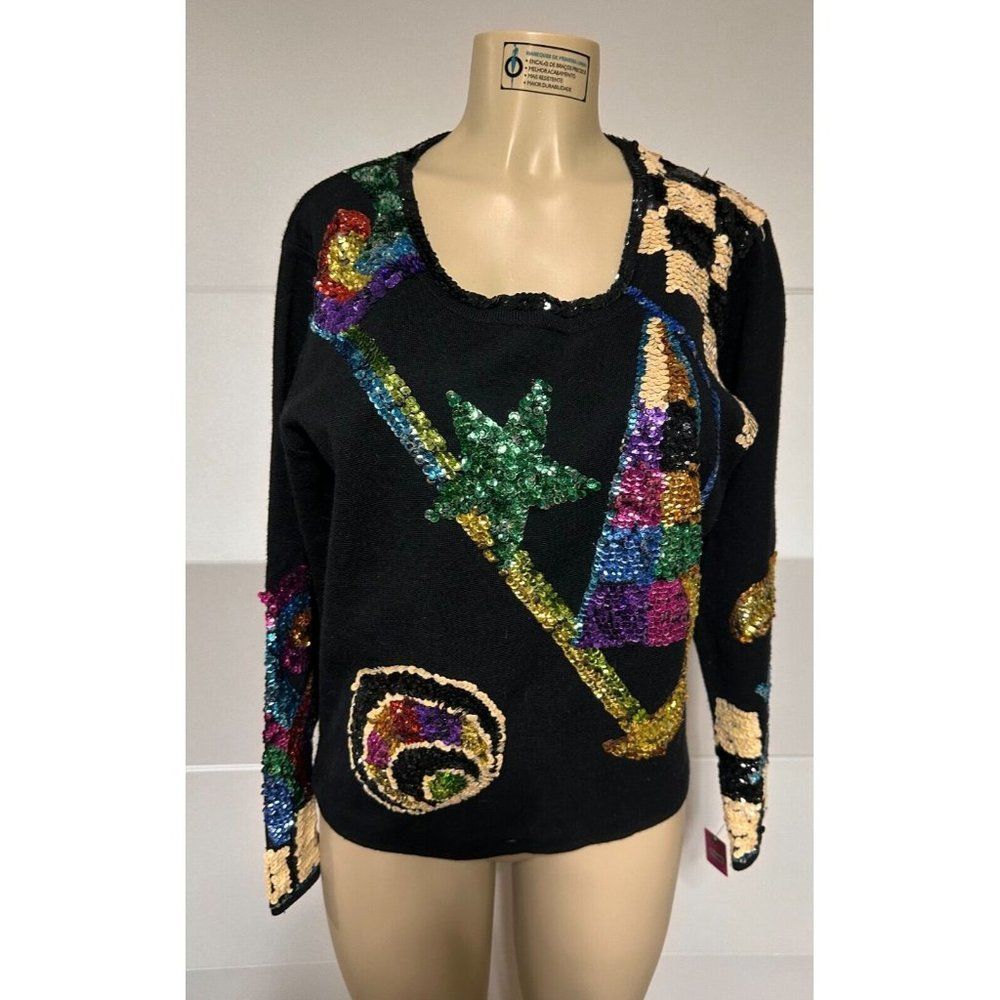VTG OS International Sequinned Abstract Star Moon Squares Black Knit Sz L #1146